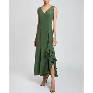Santorelli Emerson Silk V-Neck Midi Dress with Side Ruffle in Moss Green Size 4
